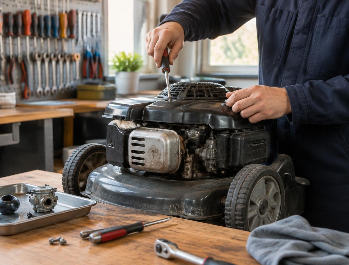 Monteur onderhoudt een grasmaaier in de werkplaats